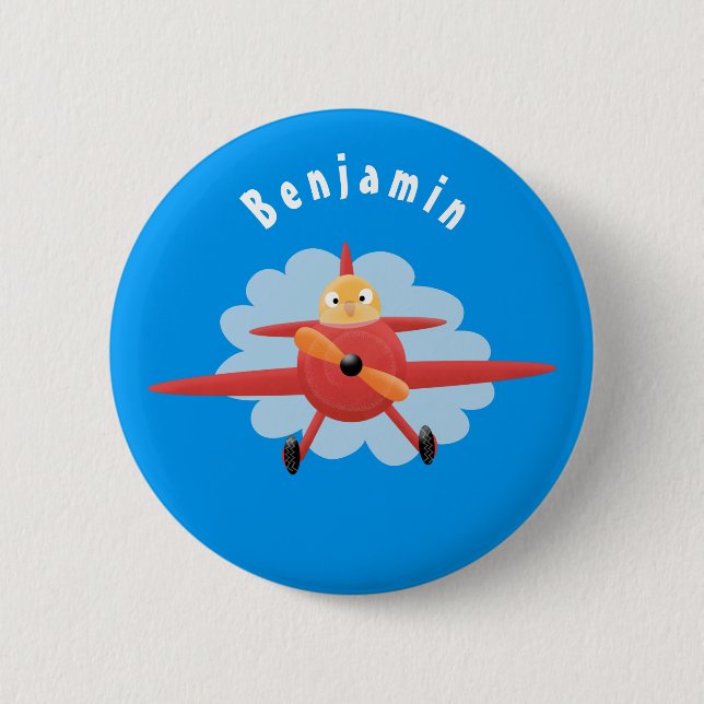 Niedlicher Vogel mit rotem Flugzeug Cartoon Abbild Button (Vorderseite)