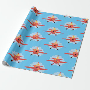 Niedlicher Vogel mit rotem Flugzeug Cartoon Abbild Geschenkpapier