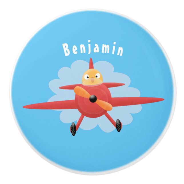 Niedlicher Vogel mit rotem Flugzeug Cartoon Abbild Keramikknauf (Vorderseite)