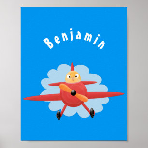 Niedlicher Vogel mit rotem Flugzeug Cartoon Abbild Poster