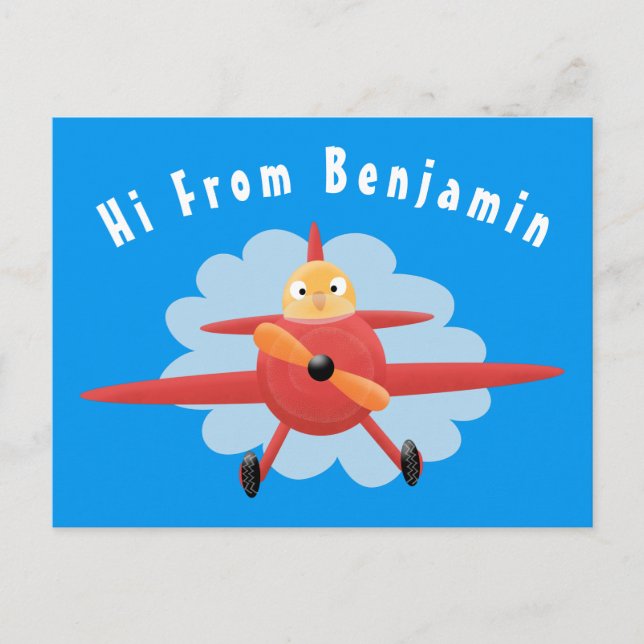 Niedlicher Vogel mit rotem Flugzeug Cartoon Abbild Postkarte (Vorderseite)