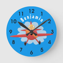 Niedlicher Vogel mit rotem Flugzeug Cartoon Abbild Runde Wanduhr