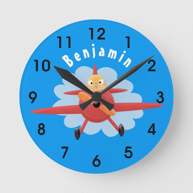 Niedlicher Vogel mit rotem Flugzeug Cartoon Abbild Runde Wanduhr (Vorderseite)