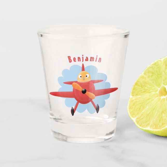 Niedlicher Vogel mit rotem Flugzeug Cartoon Abbild Schnapsglas (Vorderseite)
