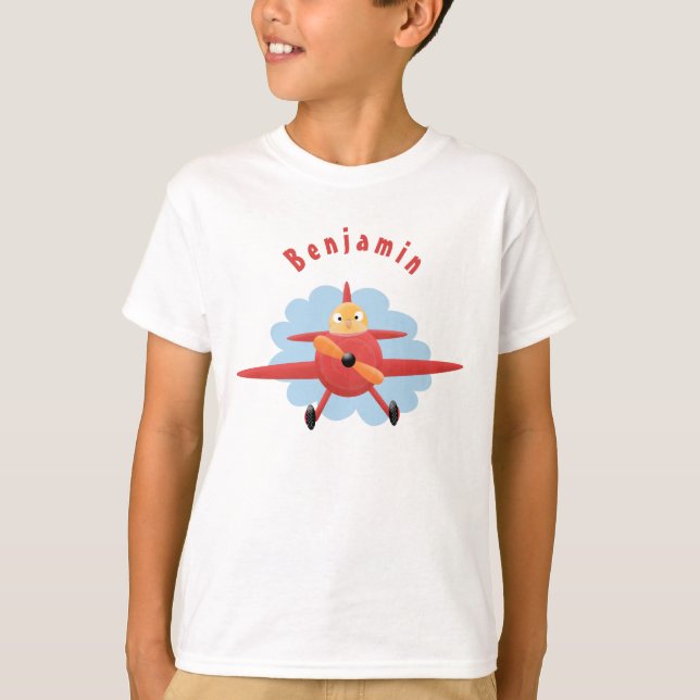 Niedlicher Vogel mit rotem Flugzeug Cartoon Abbild T-Shirt (Vorderseite)