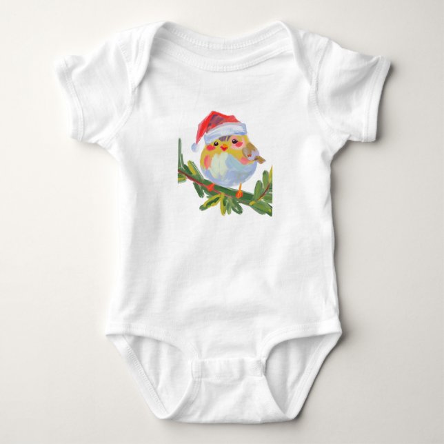 Niedlicher Vogel mit Weihnachtsmannmütze und roten Baby Strampler (Vorderseite)