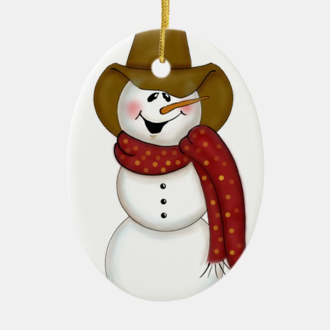 Niedlicher Volkskunst-CowboySnowman Keramikornament (Vorne)
