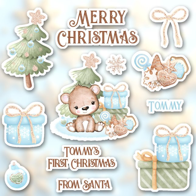 Niedlicher Vorweihnachtsname Bärenkontraktion Kiss Aufkleber (Cute First Christmas Name Bear Contour Kiss Cut Sticker)