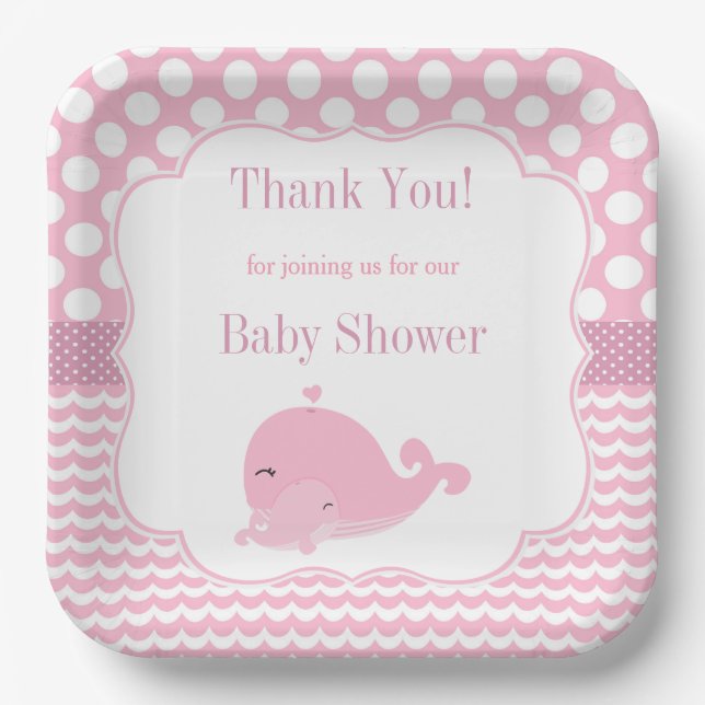 Niedlicher Wal mit Baby Pink Girl Babyduschpapier Pappteller (Vorderseite)