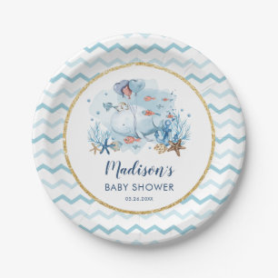 Niedlicher Wal unter der Nautical Baby-Dusche Pappteller
