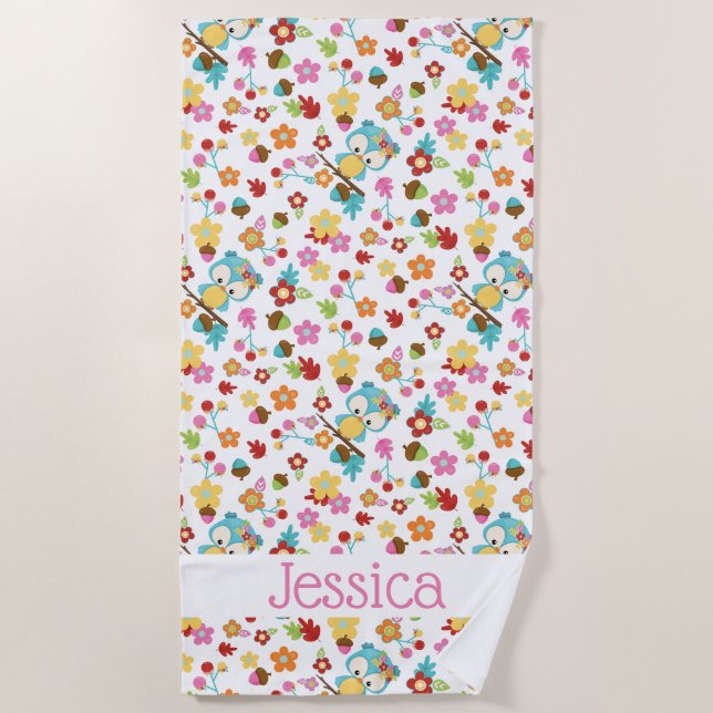 Niedlicher Wald Owl Kawaii Girls Personalisierter  Strandtuch (Vorderseite)