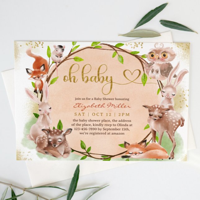 Niedlicher Wald Woodland Animal Oh Baby Girl Dusch Einladung (Von Creator hochgeladen)