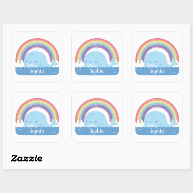 Niedlicher Walfang und Regenbogen, farbiger Name d Quadratischer Aufkleber (Blatt)