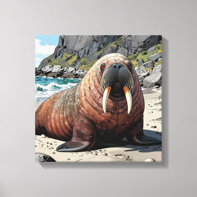 Niedlicher Walross auf einem Sandstrand  Leinwanddruck (Vorderseite)