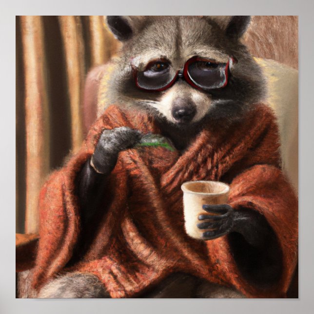 Niedlicher Waschbär mit Brille in einem Tricotafel Poster (Vorne)