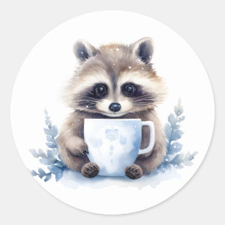 Niedlicher Waschbär mit einer Tasse Kaffee Weihnac Runder Aufkleber
