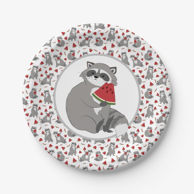 Niedlicher Waschbär mit Wassermelone Pappteller (Vorderseite)
