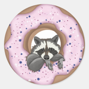 Niedlicher Waschbär und Yummy donut (a) Runder Aufkleber
