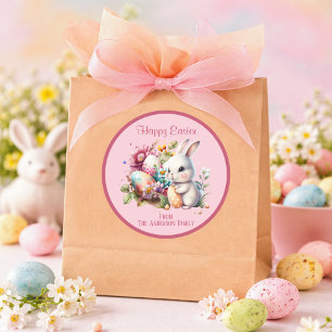 Niedlicher Wasserfarben-Osterhase Pink Runder Aufkleber