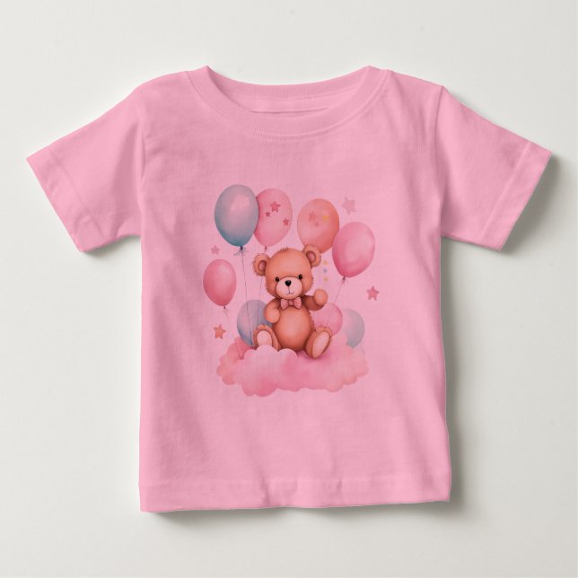 Niedlicher Wasserfarbenballon Teddy Bear auf rosa  Baby T-shirt (Vorderseite)