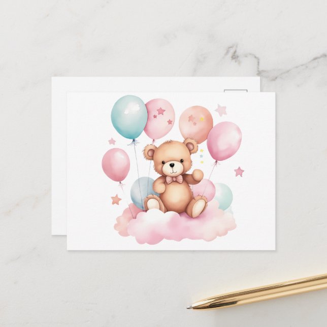 Niedlicher Wasserfarbenballon Teddy Bear auf rosa  Postkarte (Vorderseite/Rückseite Beispiel)