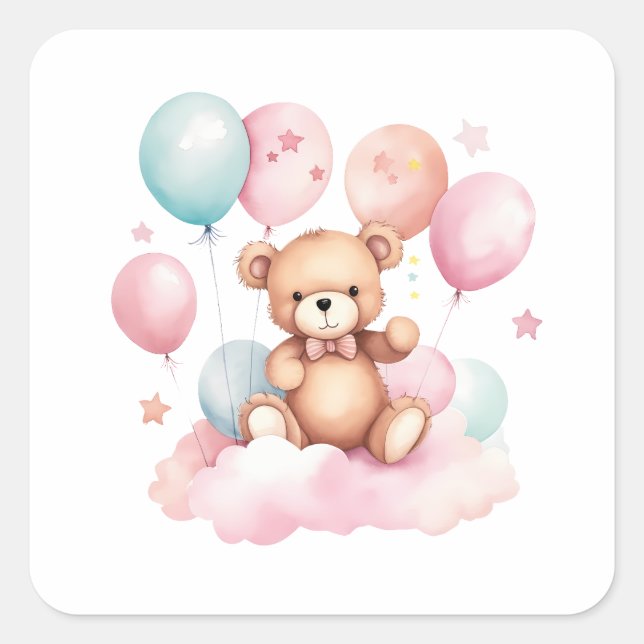 Niedlicher Wasserfarbenballon Teddy Bear auf rosa  Quadratischer Aufkleber (Vorderseite)