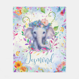 Niedlicher Wasserfarbenelephon mit Blume Fleecedecke
