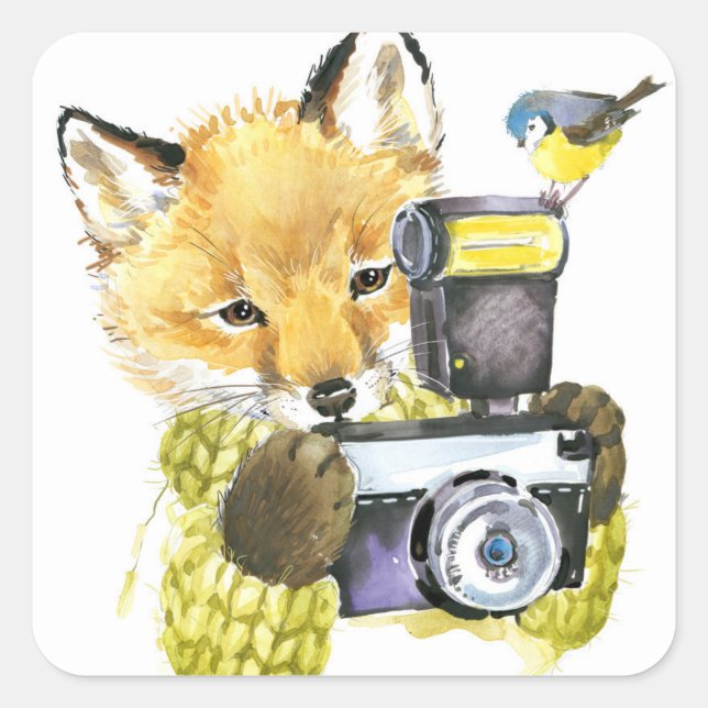 Niedlicher Wasserfarbenfox fotografiert Quadratischer Aufkleber (Vorderseite)