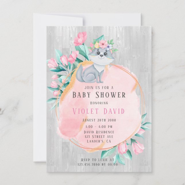 Niedlicher Wasserfarbenfox mit Florals Girl-Babydu Einladung (Vorderseite)