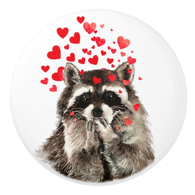 Niedlicher Wasserfarbenraccoon Blown Kisses Spaß Keramikknauf (Vorderseite)