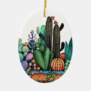 Niedlicher Watercolor-Kaktus-Garten im Topf Keramik Ornament