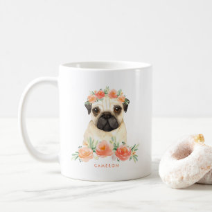 Niedlicher Watercolor-Mops-Pfirsich-mit Kaffeetasse