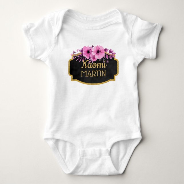 Niedlicher Watercolor-rosa Goldmonogramm-mit Baby Strampler (Vorderseite)