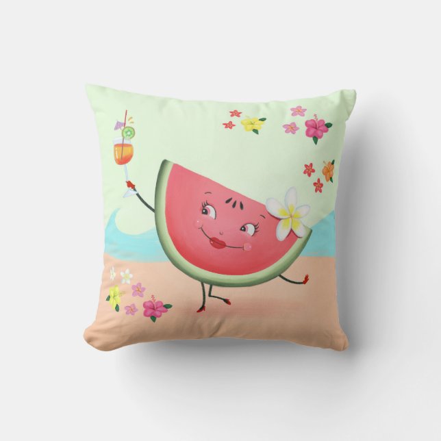 Niedlicher Watermelon-Charakter und Strand Kissen (Vorderseite)