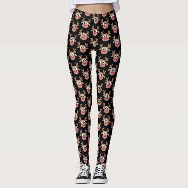Niedlicher Weihnachts-Cartoon Rentier-Muster Schwa Leggings (Vorderseite)
