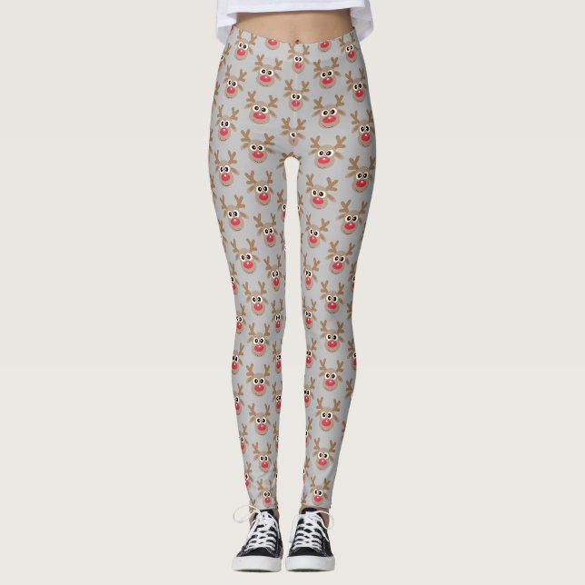 Niedlicher Weihnachts-Cartoon Rentier Pattern Grau Leggings (Vorderseite)