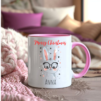 Niedlicher Weihnachts-Hase-mit-Santa-Hut-Kaffeetas Zweifarbige Tasse