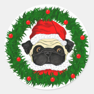Niedlicher Weihnachts-Mops Santa Maria in Kranz Runder Aufkleber