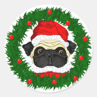 Niedlicher Weihnachts-Mops Santa Maria in Kranz Runder Aufkleber
