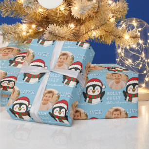 Niedlicher Weihnachts-Pinguin personalisiertes Fot Geschenkpapier