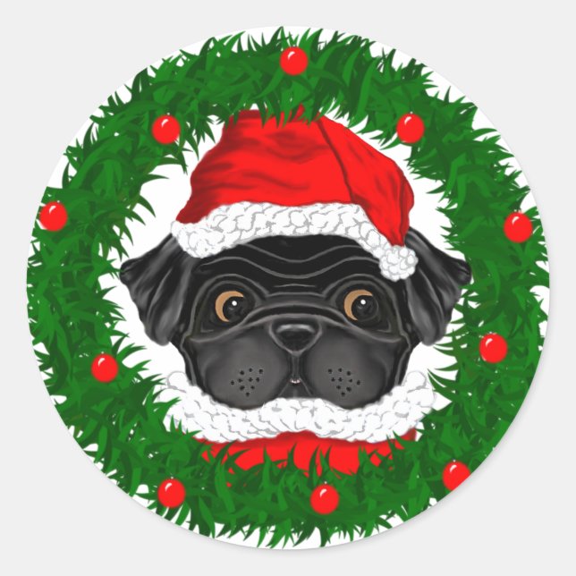 Niedlicher Weihnachts-Schwarzer Mops Weihnachten i Runder Aufkleber (Vorderseite)