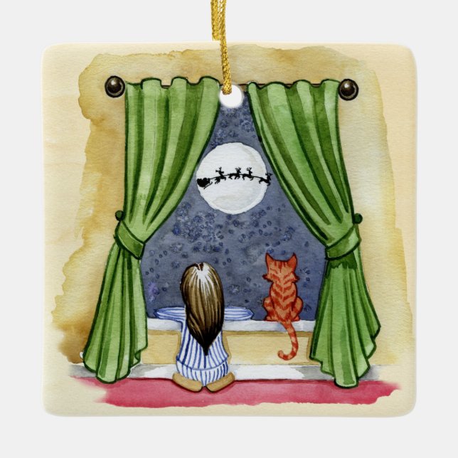 Niedlicher Weihnachtsabend Kind & Kitty Cat Wasser Keramikornament (Vorderseite)