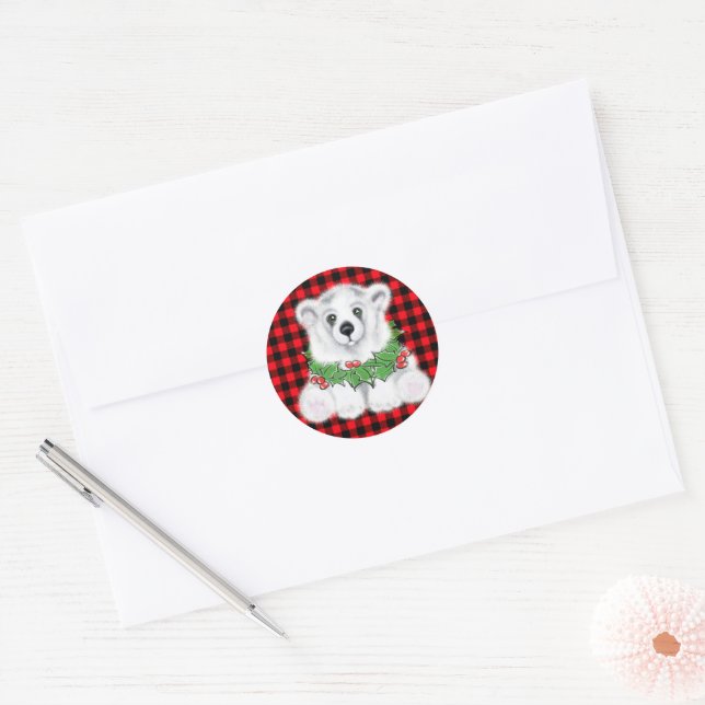Niedlicher Weihnachtsbär Heilige Kranz kariert Runder Aufkleber (Umschlag)