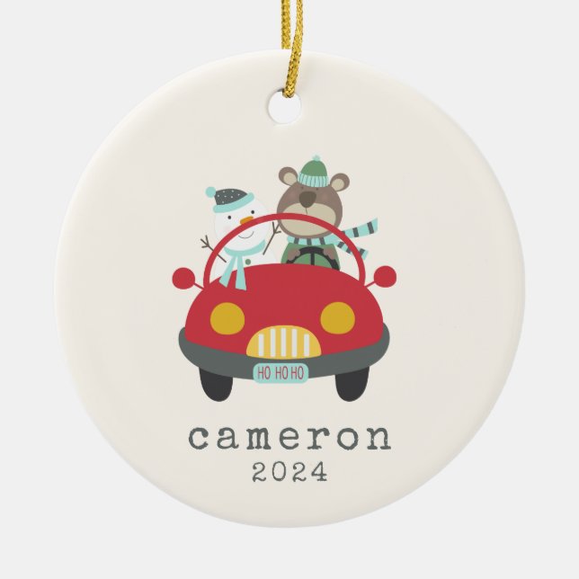Niedlicher Weihnachtsbär Snowman Red Car Personali Keramik Ornament (Vorne)