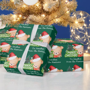 Niedlicher Weihnachtsbärenname Grün Geschenkpapier