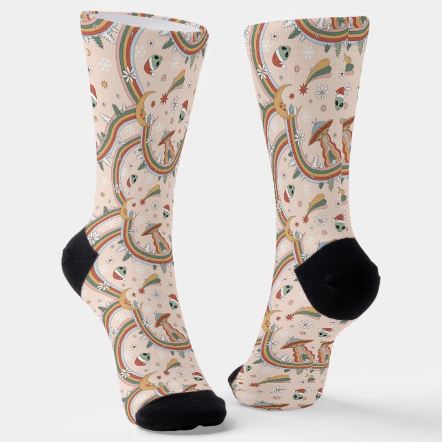 Niedlicher Weihnachtsbaum Alien Rainbow Holiday Pa Socken (Gewinkelt)