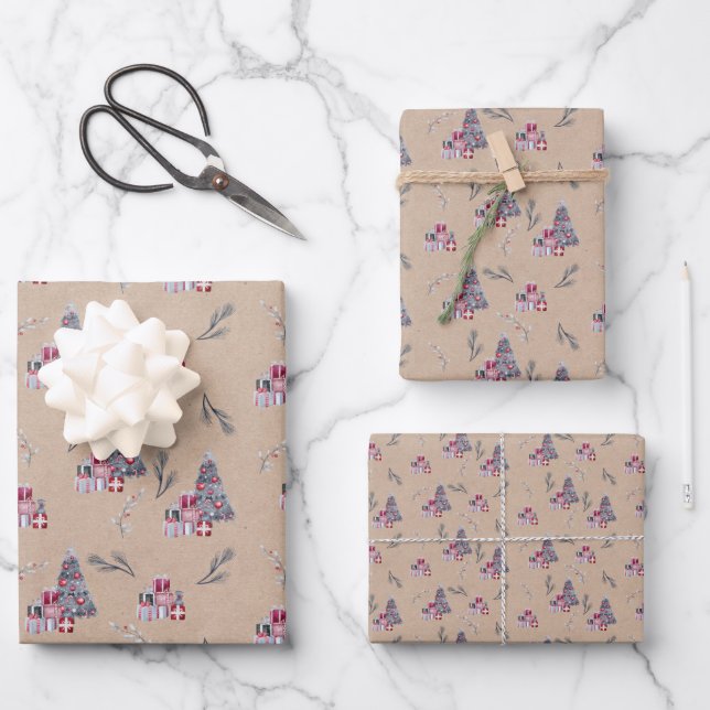 Niedlicher Weihnachtsbaum auf Kraft Geschenkpapier Set (Vorderseite)