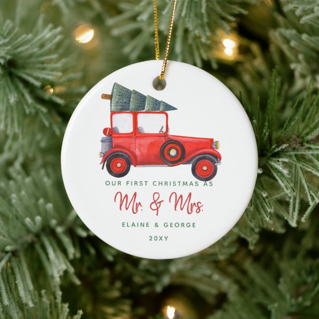 Niedlicher Weihnachtsbaum des Roten Autos Erstes F Keramik Ornament (Baum)