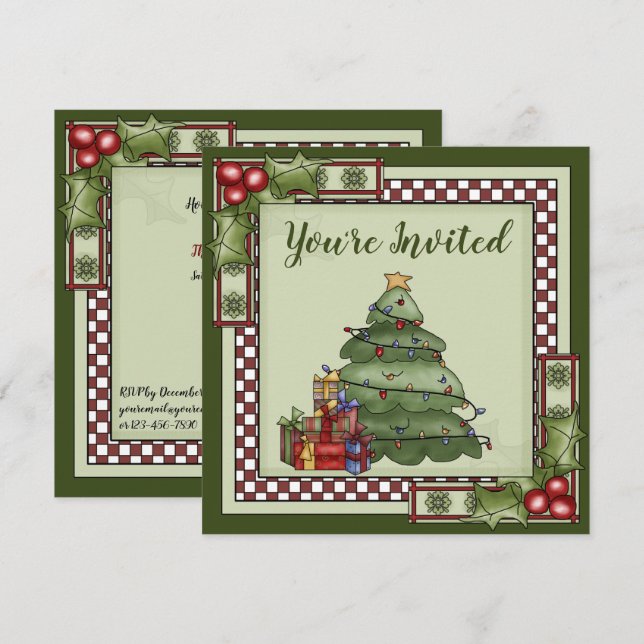 Niedlicher Weihnachtsbaum, Geschenke und Holly Hol Einladung (Vorne/Hinten)
