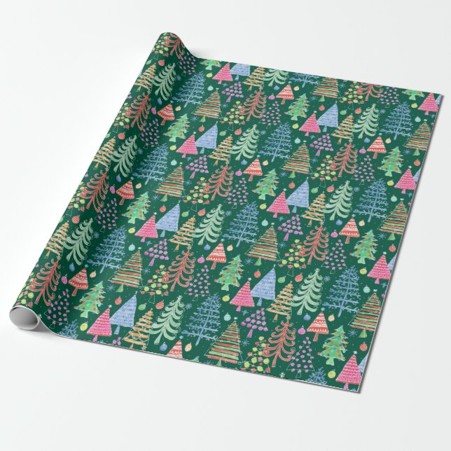 Niedlicher Weihnachtsbaum Grünes Rosa Blaues Muste Geschenkpapier (Ungerollt)